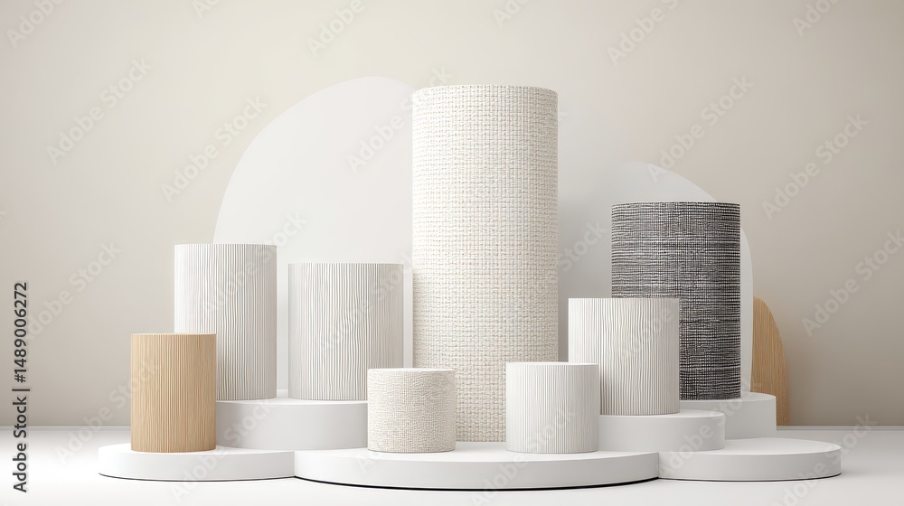 Poster elegant arrangement of textured cylindrical objects in minimalist studio setting with soft backgroun