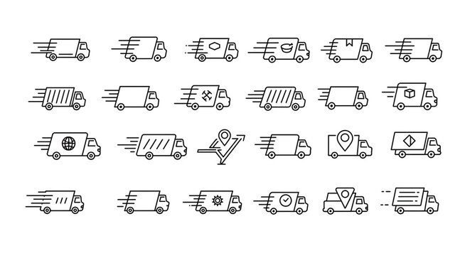 Streamlined delivery truck icons convey speed and reliability indicating efficient logistics