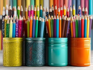 Colorful Pencils Collection: A vibrant collection of colored pencils, arranged neatly in decorative holders, showcasing the array of hues and inviting creativity and artistic expression.