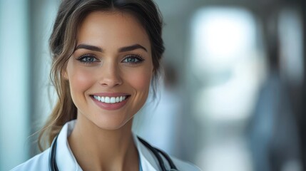 Fototapeta premium A young Caucasian female doctor smiles warmly, exuding confidence and professionalism in a medical setting. Her bright, healthy smile and friendly demeanor create a welcoming atmosphere.