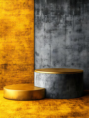 Two cylindrical display platforms, gold and grey concrete, set against a textured yellow and grey wall.  Subtle lighting emphasizes the metallic sheen