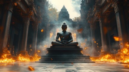 Ancient Buddha statue in fiery temple ruins