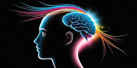 Obraz premium Conceptual digital illustration of a glowing human brain with vibrant neural energy streams emanating from the head, symbolizing creativity, intelligence, and mental power