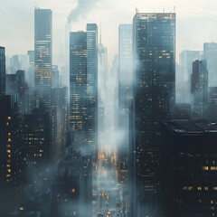 Fototapeta premium Vertical Cityscape with Misty Atmosphere and Layered Skyscrapers Fading into the Horizon 