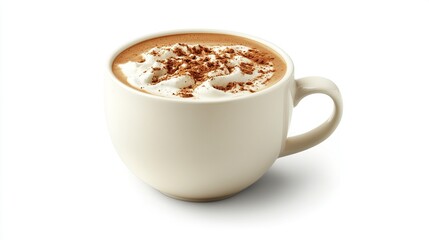 Creamy cocoa in mug topped with whipped cream & cocoa powder, isolated on white