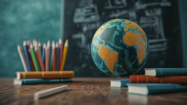 A small globe sits on a desk in front of a chalkboard, surrounded by colorful pencils and books.  A representation of global education.