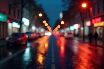 Blurred, out-of-focus nighttime street scene showing a repeating design in the light reflections, reflection, bokeh