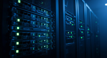 Data center servers humming a silent promise of connection in the digital age with cool blue ambient