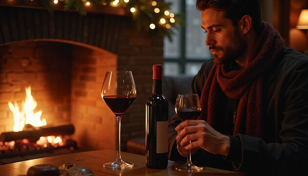 Man opening wine bottle while sitting by the fireplace during Thanksgiving