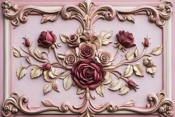 Ornate rose floral relief panel design on a pastel background.