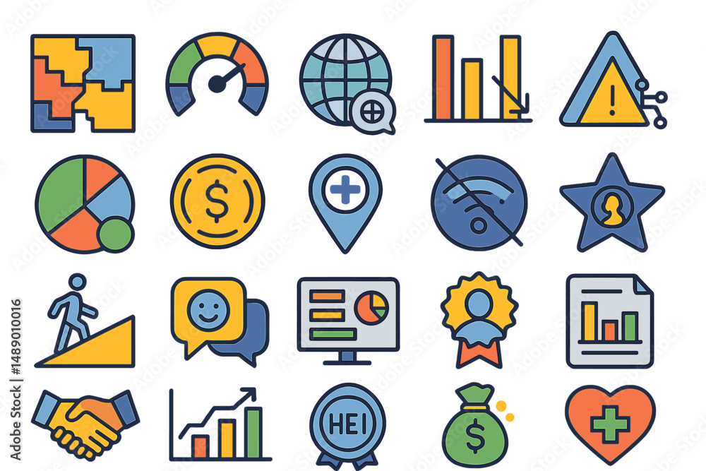 Poster colorful and modern icons depicting business concepts and analytics in a creative layout