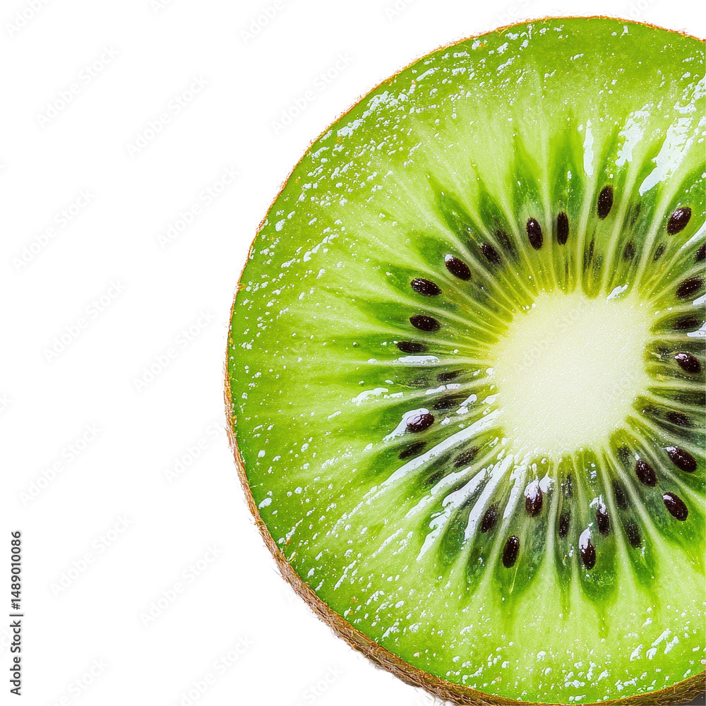 Poster sliced kiwi fruit displaying vibrant green flesh and seed patterns on a clean transparent background