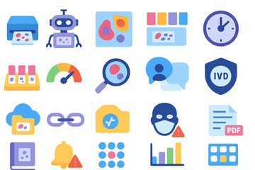 Obraz premium Colorful digital icons representing technology, data analysis, and healthcare applications in a modern style