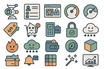 Collection of icons depicting various digital and business concepts related to e-commerce and online services