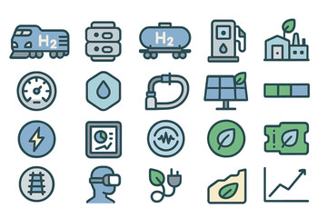 Hydrogen energy icons illustrating various aspects of renewable resources and sustainable technologies