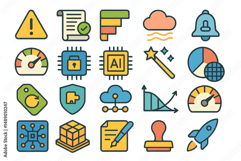 Poster colorful illustrations of technology and data icons arranged in a grid showcasing various concepts r