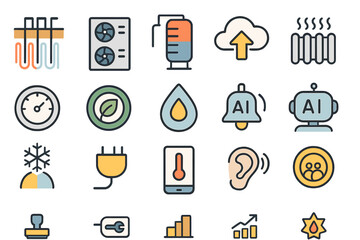 Icons representing various technologies related to home automation and climate control