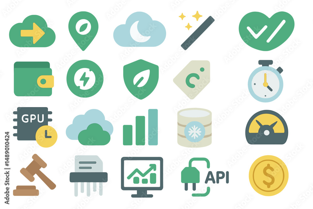 Poster collection of digital icons depicting technology concepts related to finance, cloud computing, and d