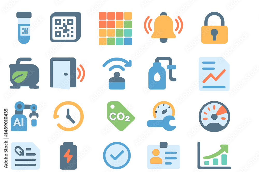 Poster icons represent various digital and environmental concepts for technology and data management tasks 