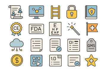 Various icons representing digital security, compliance, and quality management in a modern office setting