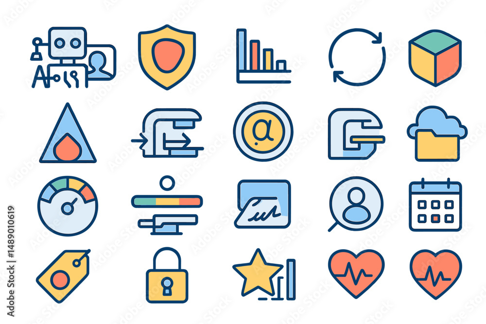 Poster collection of colorful icons representing technology, data security, and communication tools display