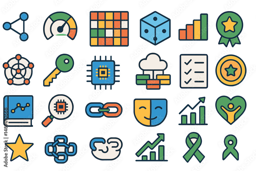Poster colorful collection of abstract icons representing various concepts and activities for creative desi