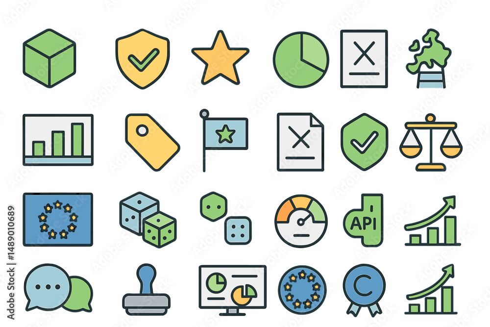 Poster colorful collection of flat design icons representing business concepts in a digital workspace with 