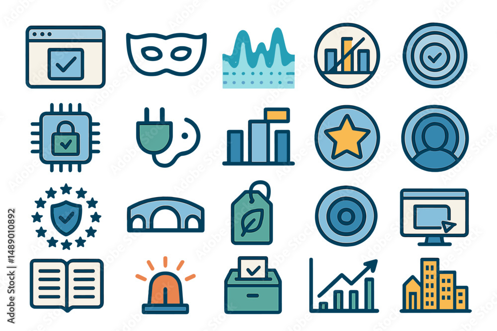 Poster icons representing various concepts such as security, data analysis, and technology in a modern flat
