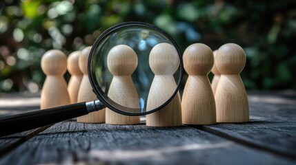 Magnifying glass examining wooden figurines conceptualizing talent search and recruitment process