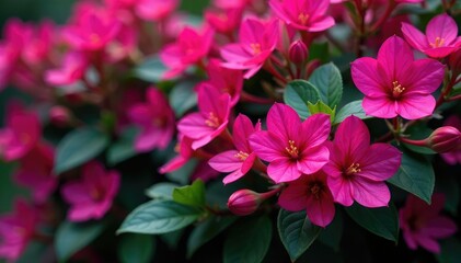 Bold fuchsia flowers, densely packed, vibrant leaves , lush, pattern