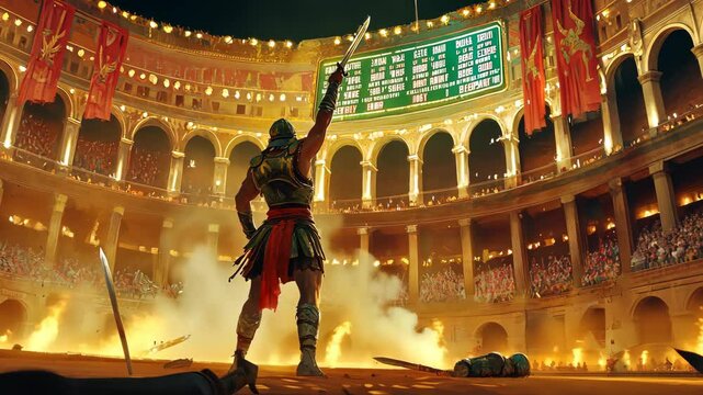 Victorious Gladiator Celebrates in Roman Colosseum Arena with Sword Raised, Crowd Cheering, and Scoreboard Displaying Names