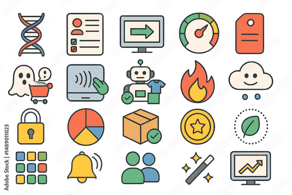 Poster collection of colorful icons representing technology and digital concepts in a creative layout