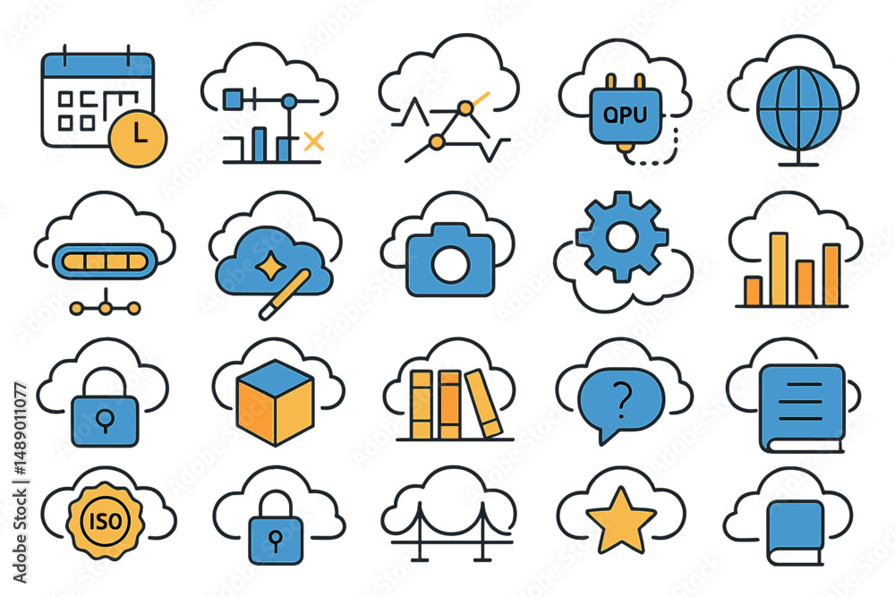 Poster cloud computing icons featuring symbols of data management, security, and analytics in a grid layout