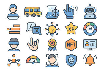 Icons representing technology, education, and innovation in a modern digital environment