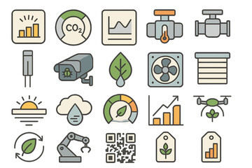 Icons depicting environmental monitoring and technology for sustainability in green energy applications