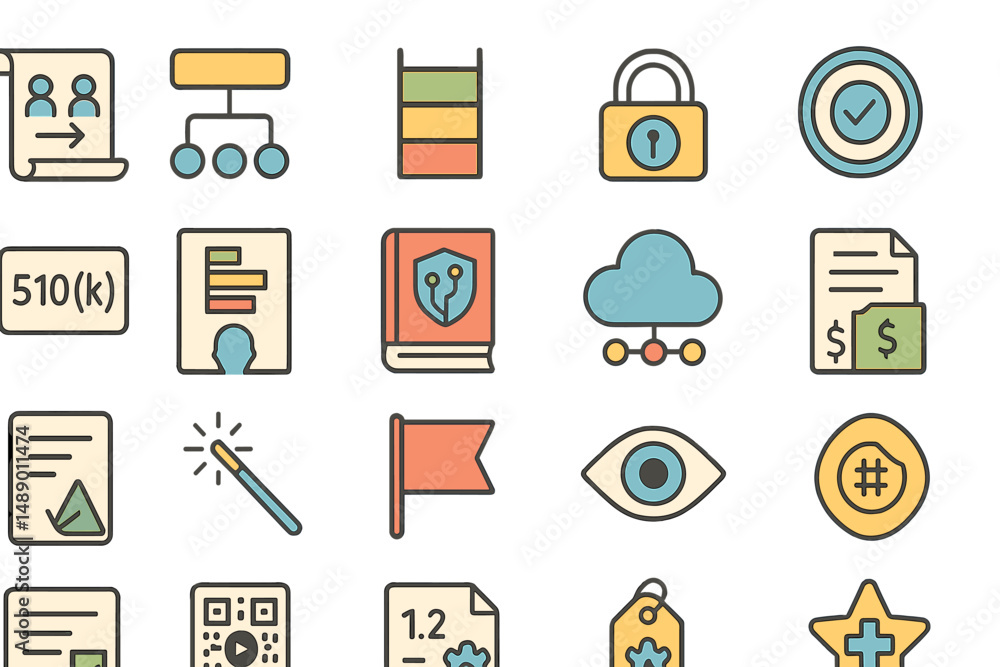 Poster various simplified digital icons representing technology, security, and business concepts in a color