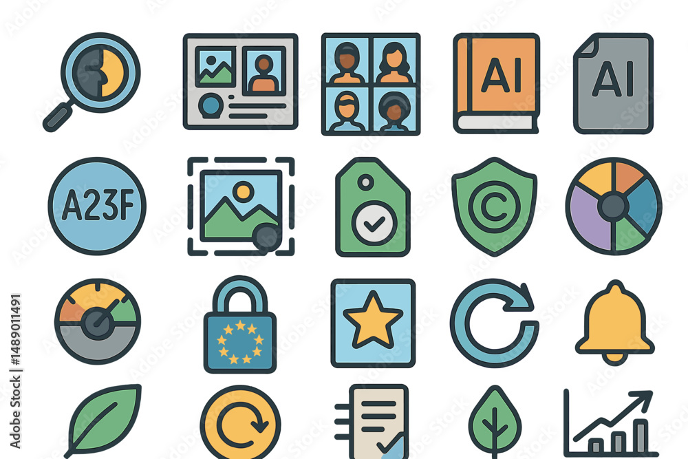 Poster collection of icons representing technology, security, and creativity in digital design and artifici