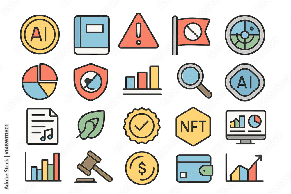 Poster collection of colorful icons representing technology, data analysis, and artificial intelligence con