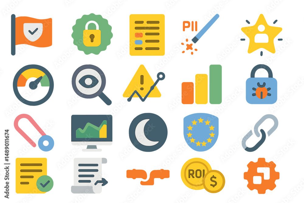 Poster colorful digital icons representing security, data protection, and analytics in a modern workspace s
