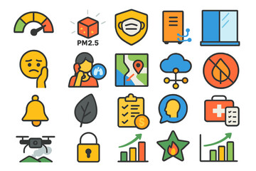 Icons representing environmental health and safety measures used in urban planning and public awareness campaigns during modern times