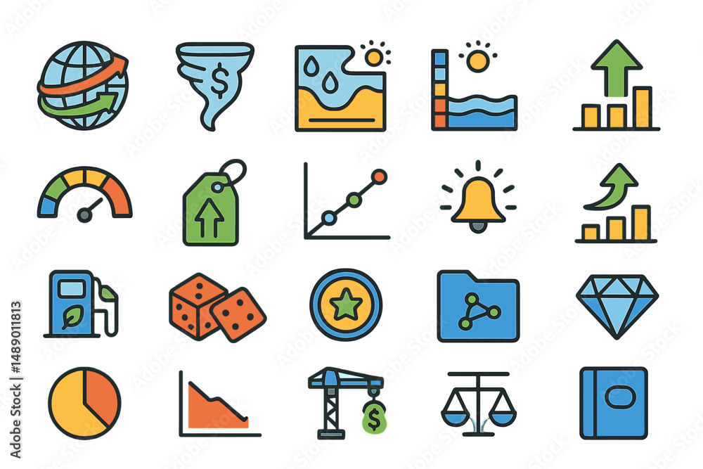 Poster colorful icons depicting various concepts related to finance, analysis, and data representation in a