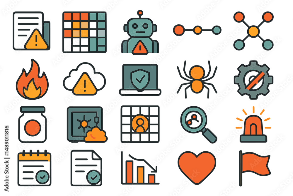 Poster collection of icons representing various technology and safety concepts in a colorful design