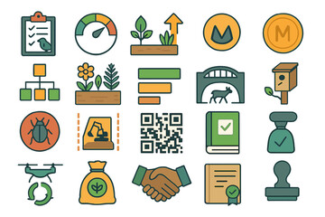Icons illustrating sustainable practices in agriculture and environmental management showcasing various activities and tools