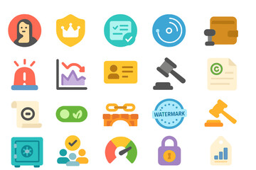 Diverse set of colorful icons representing various legal and administrative symbols in a flat design style