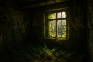 Fototapeta premium Mystical abandoned room with sunlit window and overgrown nature