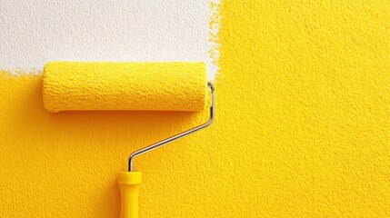 Obraz premium Bright Yellow Wall Painting with Roller Brush and Fresh White Paint in Modern Interior Setting