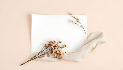 Flatlay of aesthetic Parisian styled business branding template. Blank paper sheet card with mockup copy space, dry flowers branch and cloth on neutral beige background. Flat lay, top view, clipart 