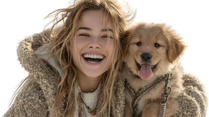 Happy woman with golden retriever puppy