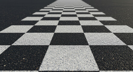The checkered path stretches out promising an unknown challenging race ahead on asphalt in low angle