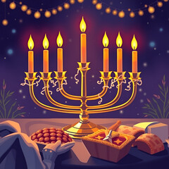 Fototapeta premium Festival of lights: hanukkah eight nights of miracles, menorah lighting, dreidel games, and fried foods, honoring the maccabees victory and the rededication of the second temple in jerusalem